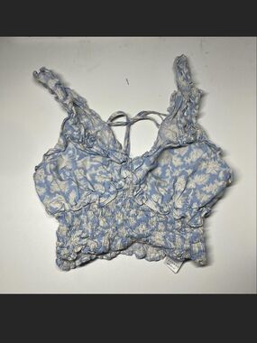 Topshop Blue and White Floral Smocked Crop Top